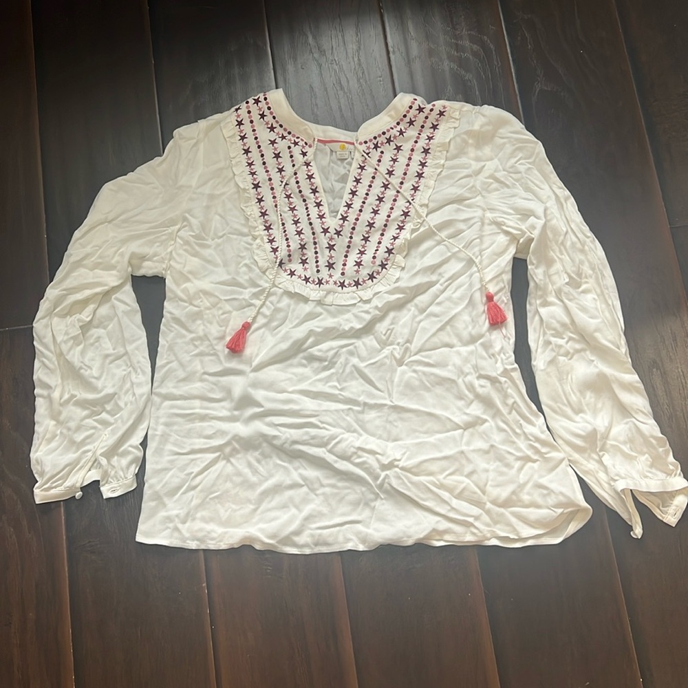 Boden White Prarie Blouise with Pink Details, size 12